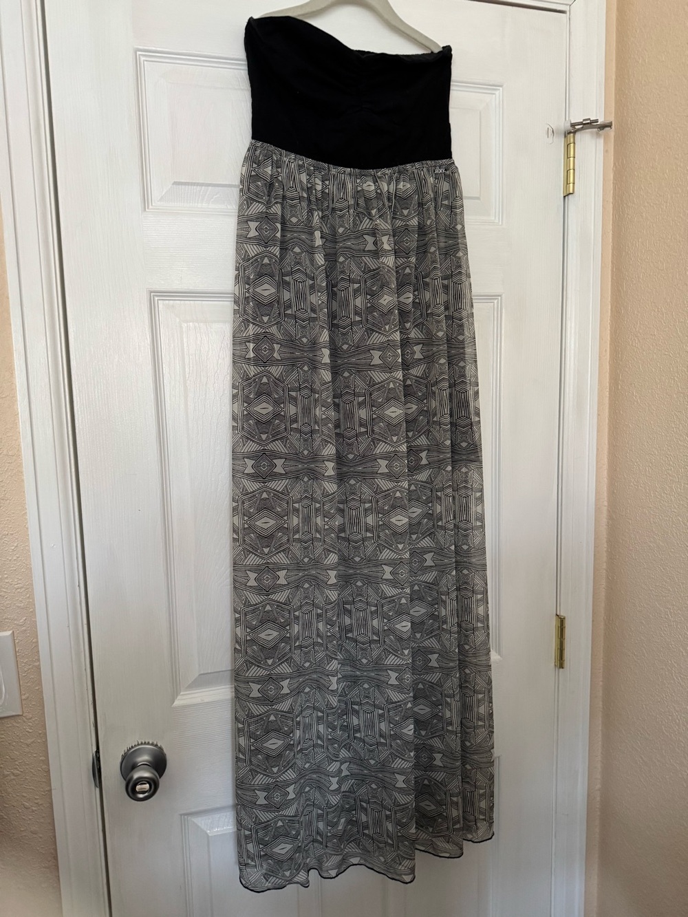 Roxi Bohemian Black and Gray Strapless Printed Maxi dress